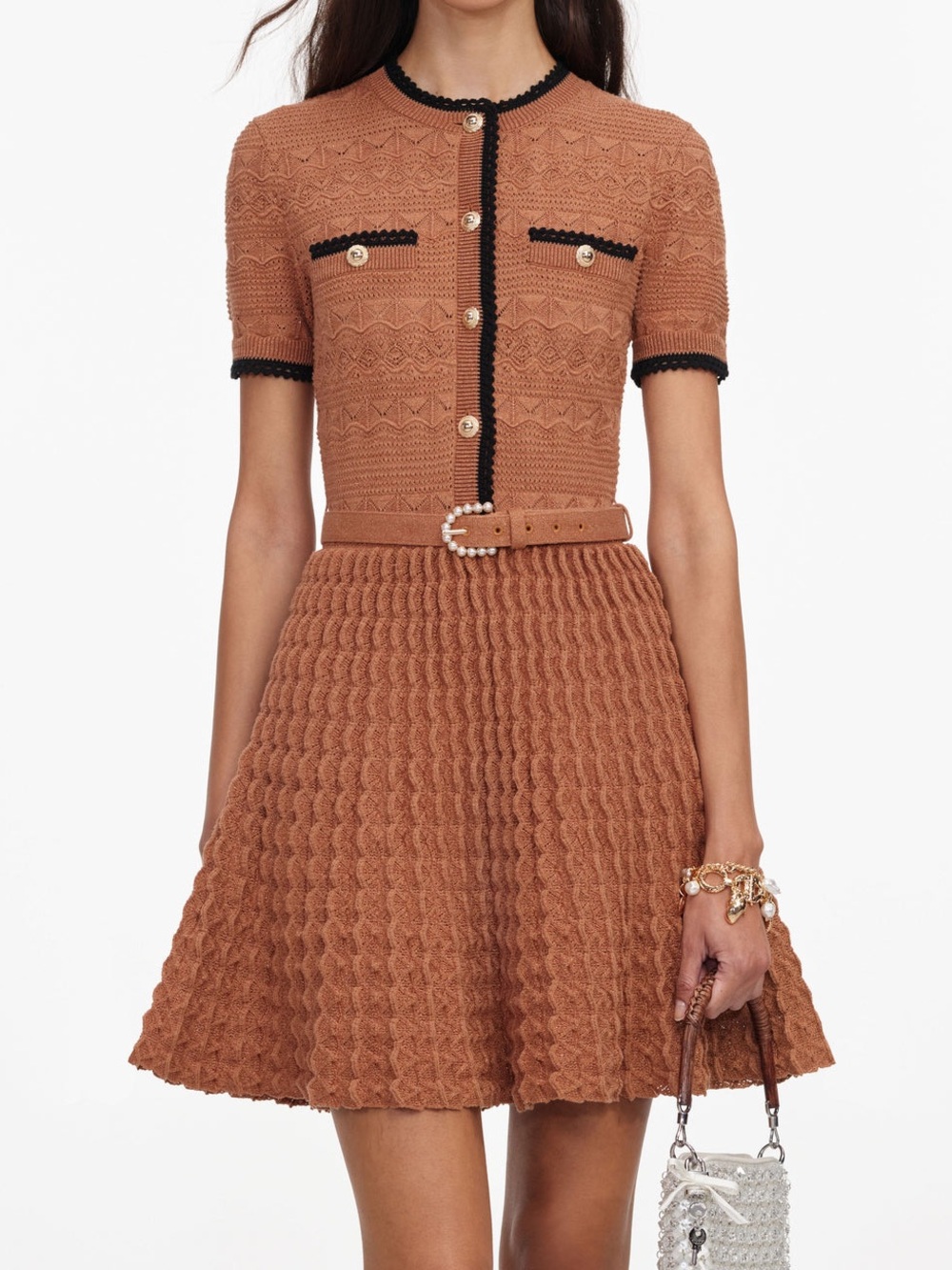 NWOT Self-Portrait Brown Belted Knit Mini Dress with Black Trim, Size S/M/L